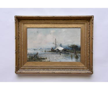 Prosper Louis Senat Watercolor: Prosper Louis Senat (American, 1852-1925) large watercolor fisherman on a beach, possibly Brittany, dated 1882, mounted in its original frame 17.5" x 27.5" sight size / 30" x 39.5" overall