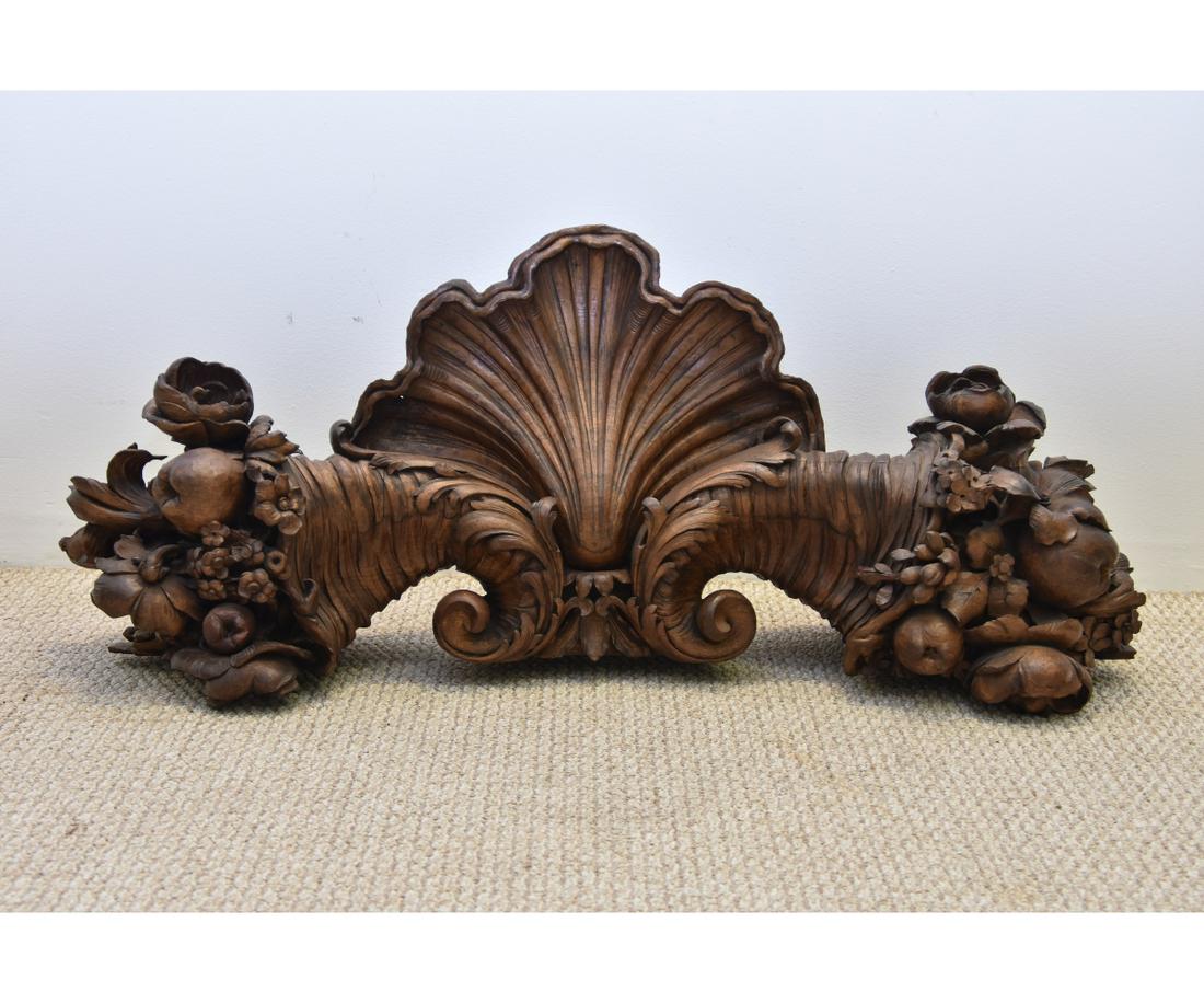 Architectural Carved Cornucopia: Finely carved walnut architectural cornucopia, probably late 19th c. 18"h x 37"w