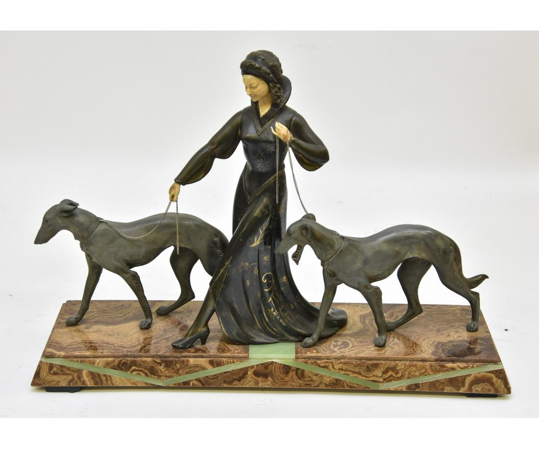 Art Nouveau Spelter Metal Sculpture: Art Nouveau spelter metal and marble base French sculpture of a woman walking Borzoi (Russian wolf hounds), unsigned 19"h x 27"w x 7"d