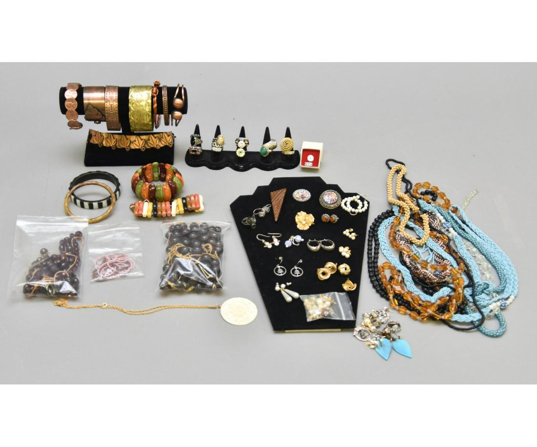 Costume Jewelry etc.: Copper/brass bangles, costume jewelry, bakelite, beads etc.