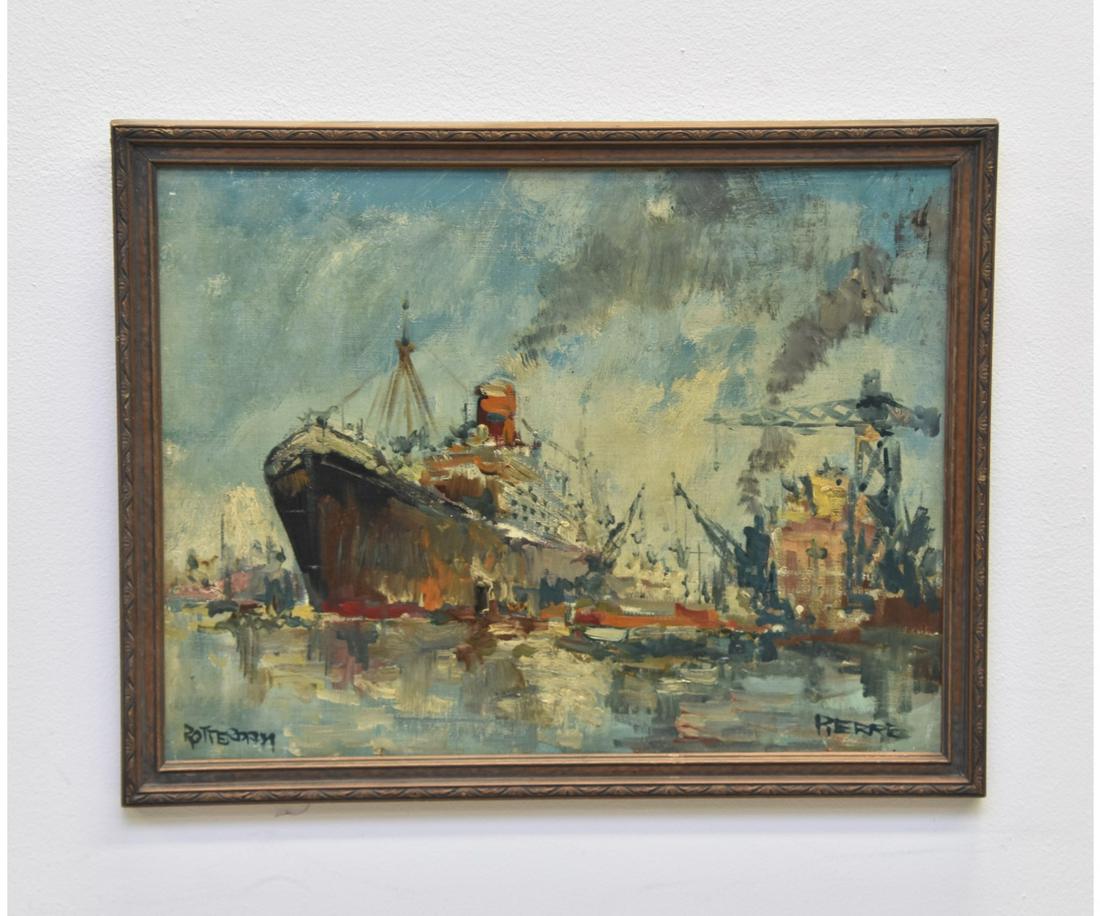 Oil on Board Impressionist Painting: Oil on artist board Impressionist painting of the ship 'Rotterdam' signed lower right 'Pierre'14.5" x 19" sight size / 16.5" x 21" overall