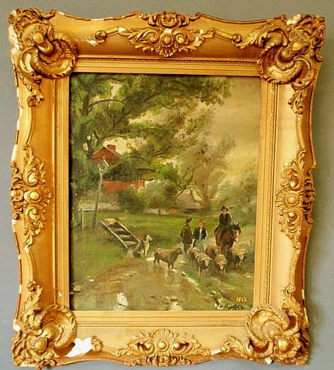 Oil on canvas landscape painting of a farmer and s: Oil on canvas landscape painting of a farmer and sheep signed "P. V. Rödel, 1912". 19.25"x15.5
