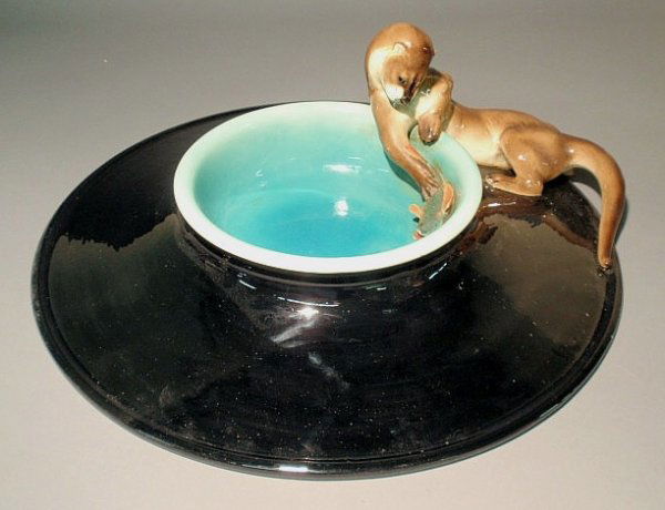 Italian Lenci ceramic bowl with otter and fish deco: Italian Lenci ceramic bowl with otter and fish decoration signed "Lenci 6-7-31, Made in Italy" and "2". 7.5"h.x22"dia.