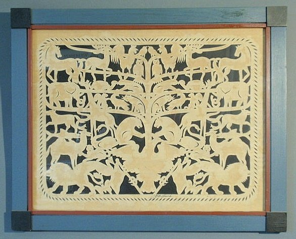 French, Garnett B. [American 20th c.] paper cutout: French, Garnett B. [American 20th c.] paper cutout of a tree with animals signed "G. B. French". 14.25"x18