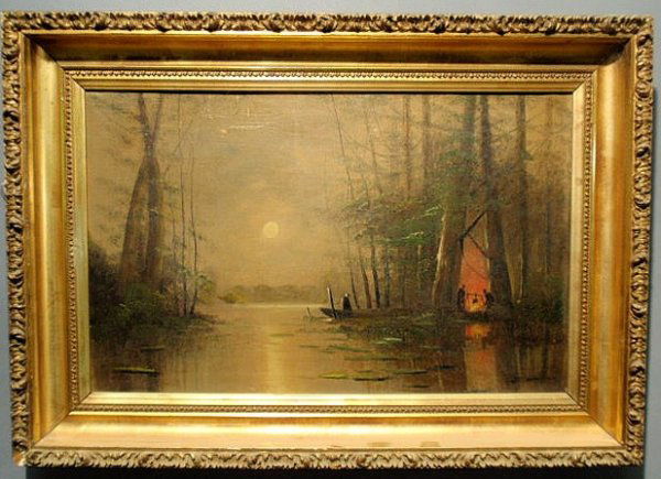Oil on canvas painting, late 19th c., of a moonlit: Oil on canvas painting, late 19th c., of a moonlit river landscape with a campfire on shore. 13.75"x21.5