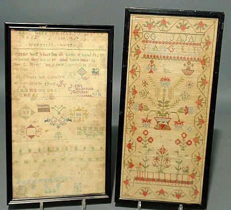 Two English samplers- Ellie Storr 1705, 16.75"x8.7: Two English samplers- Ellie Storr 1705, 16.75"x8.75" and ABC's with strawberry border 17.5"x7.75
