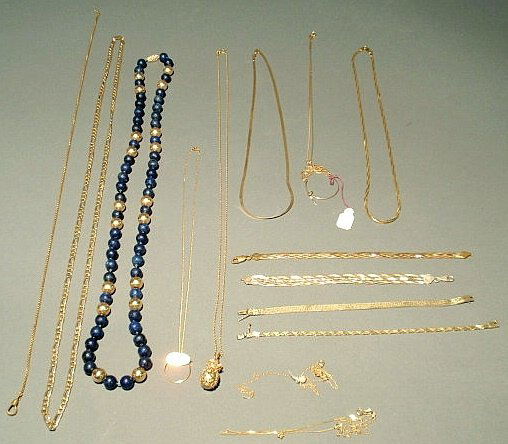 Group of ladies jewelry- 14k gold chains, bracelet: Group of ladies jewelry- 14k gold chains, bracelets, gold & lapis necklace, etc.