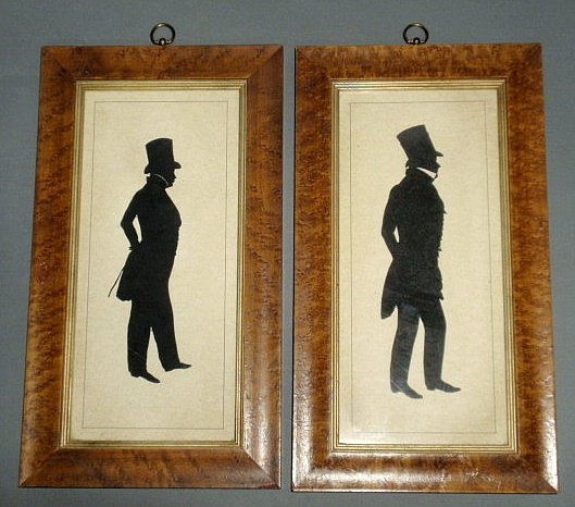 Pair of bird's-eye maple framed silhouettes of gen: Pair of bird's-eye maple framed silhouettes of gentlemen each dated verso 1826. 15.5"x7"