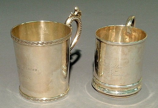 Two coin silver baby cups, R&W Wilson, c.1830, 4"h: Two coin silver baby cups, R&W Wilson, c.1830, 4"h. and Bailey & Co., c.1840, 3"h.