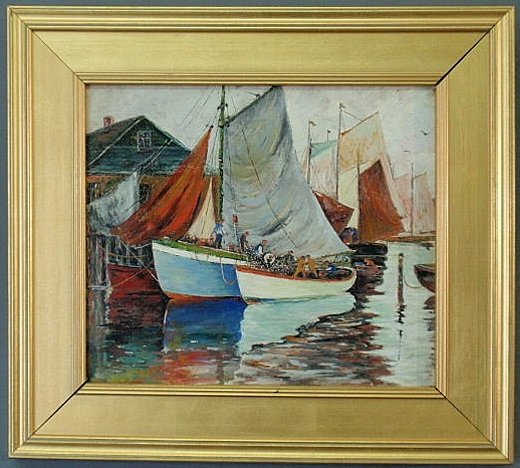 Oil on artist board painting of fishing boats, Roc