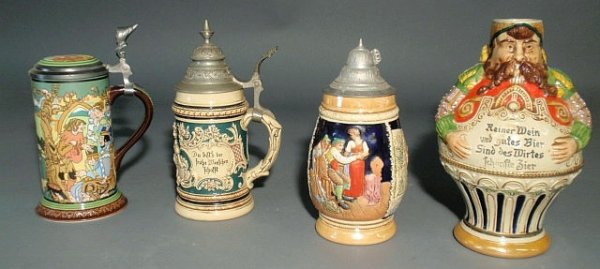 Four steins- German #365 9"h., Mettlach "Pied Pipe: Four steins- German #365 9"h., Mettlach "Pied Piper" 9"h., #3037 9"h., Character jug 9"h.