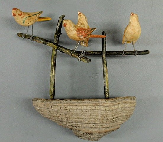 Continental folk art piece with four carved and pa: Continental folk art piece with four carved and paint decorated birds mounted on a fungi. 13.5"h., base 10"w.