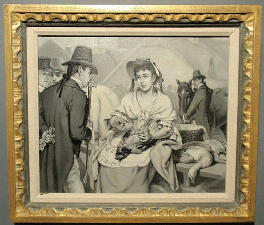 Oil on canvas painting of a market scene and signe: Oil on canvas painting of a market scene and signed "W. Magrath". 10"x13.5"