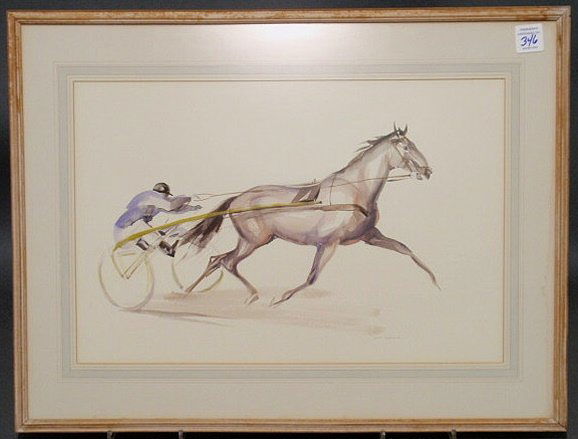 Watercolor painting of a racehorse trotter withsul: Watercolor painting of a racehorse trotter withsulky and driver and signed "John Skeaping 62". 16"x24"