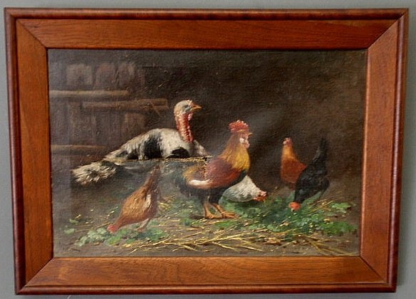 Oil on canvas painting o a barnyard scene with roo: Oil on canvas painting o a barnyard scene with rooster and turkey, late 19thc., and mounted in a walnut frame. As found. 9.75”x14.5”