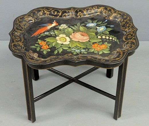 Tole decorated tray with hand painted flowers, bir: Tole decorated tray with hand painted flowers, bird and gilt decoration, fitted on a table base of a later date, tray signed "C.F. Feurer". 20.25"h., tray 28.5"x21