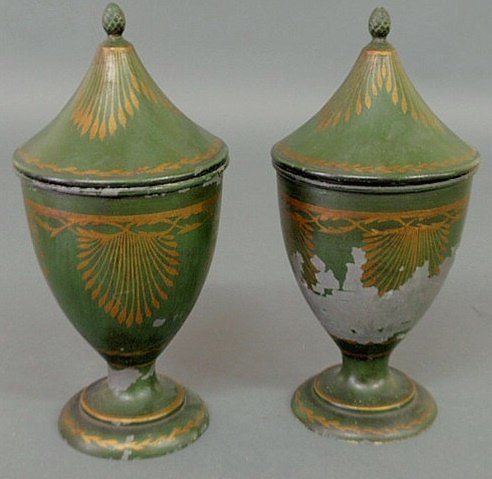 Pair of French green and gilt Tole decorated cover: Pair of French green and gilt Tole decorated covered urns, 19thc. As found. 11"h.