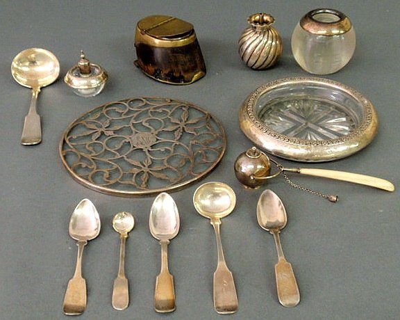 Group of sterling silver, plate & coin, etc.-Tiffa: Group of sterling silver,silver plate, coin silver- Tiffany silverplate cigar lighter, bone handled lighter, coin silver spoons, hoof with brass mounts, etc.