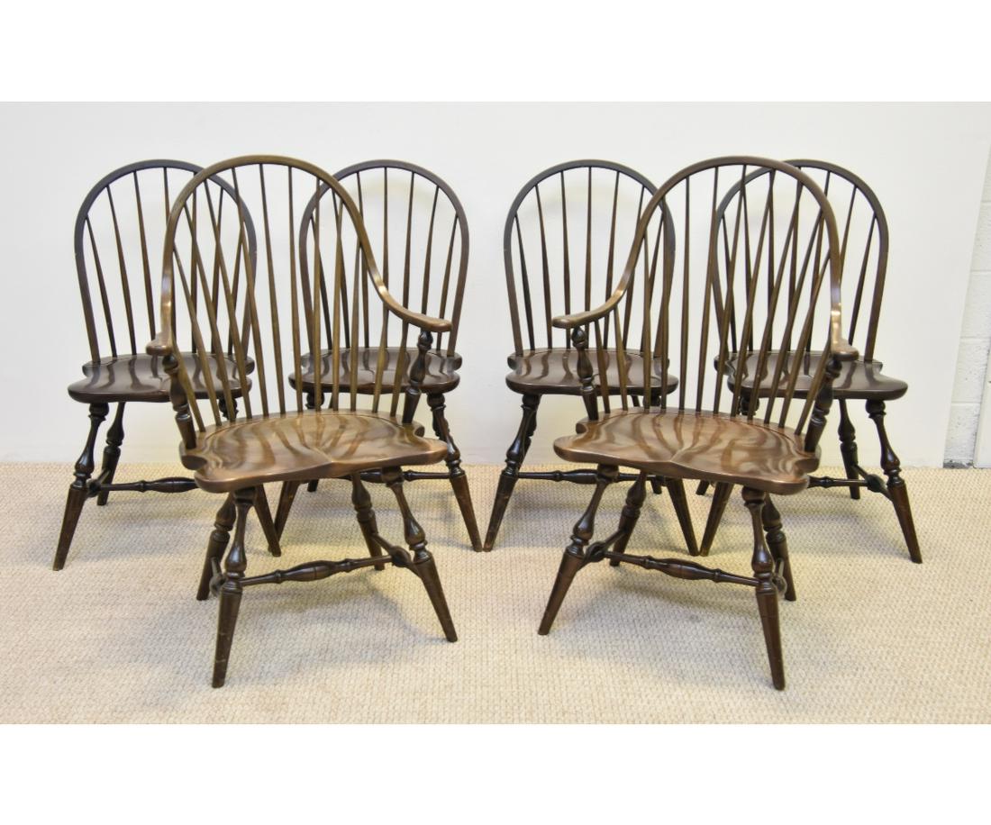 Stickley Set of Six Windsor Style Chairs: Signed Stickley set of six Windsor-style chairs, two continuous arm and four side chairs Armchairs 41"h x 26"w x 18"d / 18" seat height