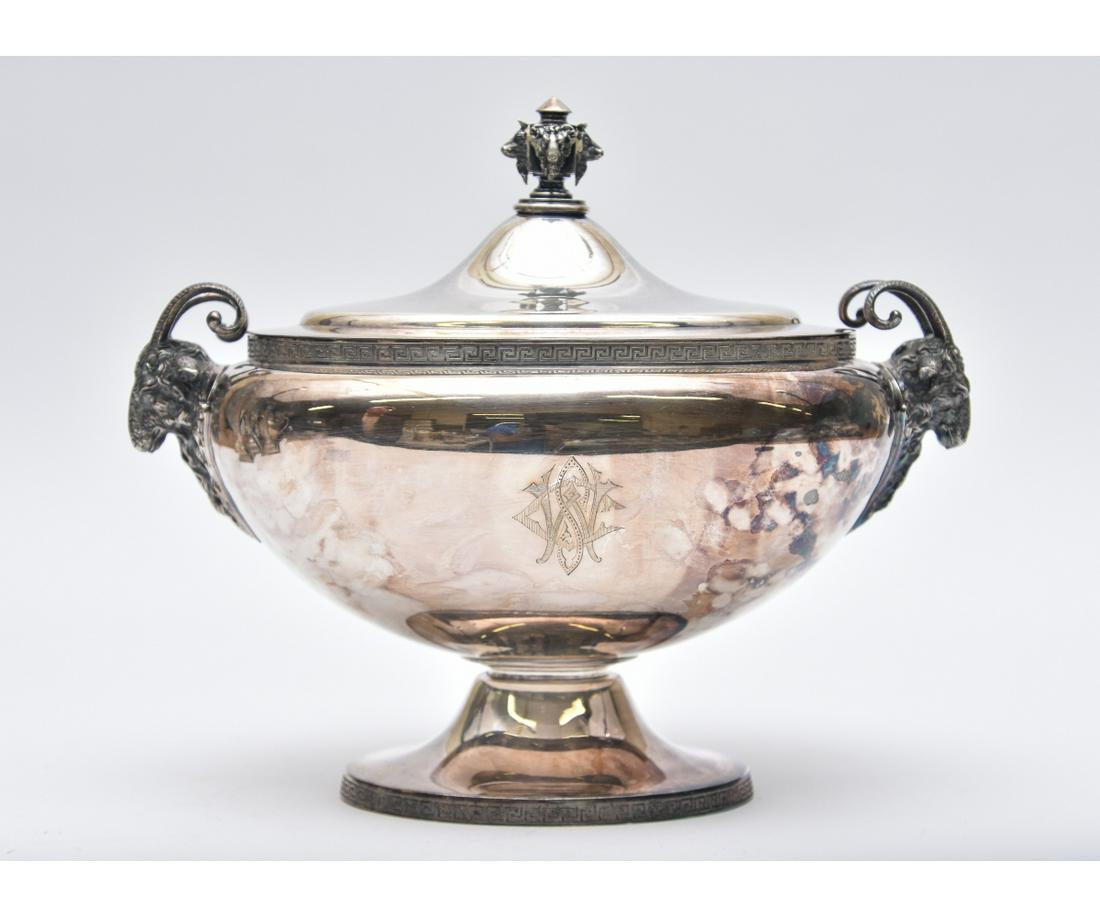 Gorham Silver Plate Animal Decorated Tureen: Gorham silver plate rams head handled tureen with animal head finials, 19th c., monogrammed 11"h x 13"w x 8"d