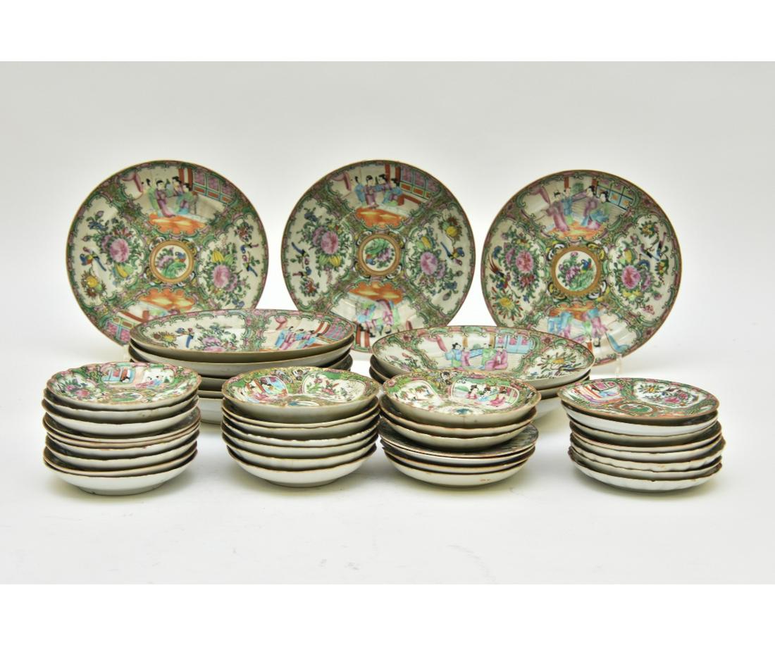 Eleven Rose Medallion Plates etc.: Eleven Rose Medallion deep plates 2"h x 9.5"dia, repaired; together with 31 miscellaneous saucers approximately 5.25"dia