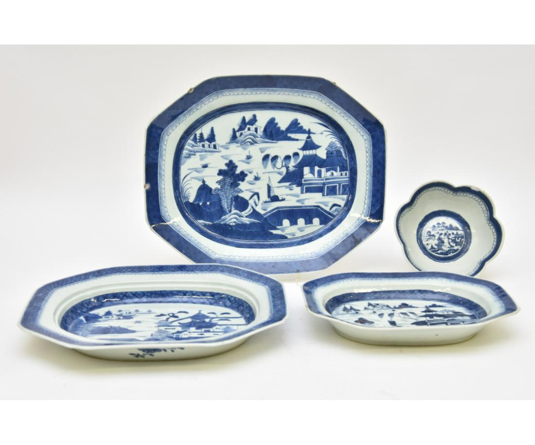 Chinese Canton Tableware: Chinese Canton tableware, all 19th c. to include; a meat platter (lacking a drain) 2.5"h; deep platter 14"l; large platter 18.5"l; and a lobed bowl 8.25"dia