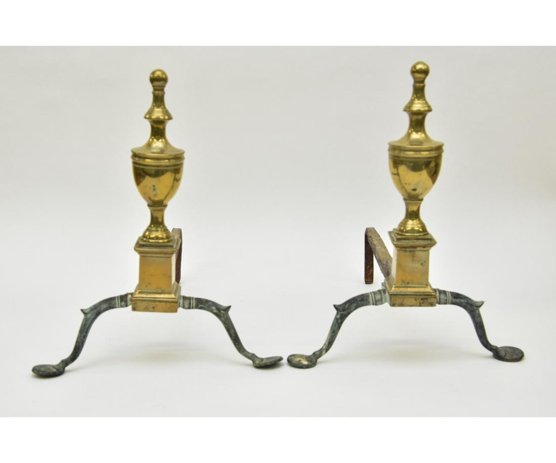 Pair of Federal Brass Andirons: Pair of federal brass andirons, circa 1790 with penny feet 17.5"h x 14"w x 18"d