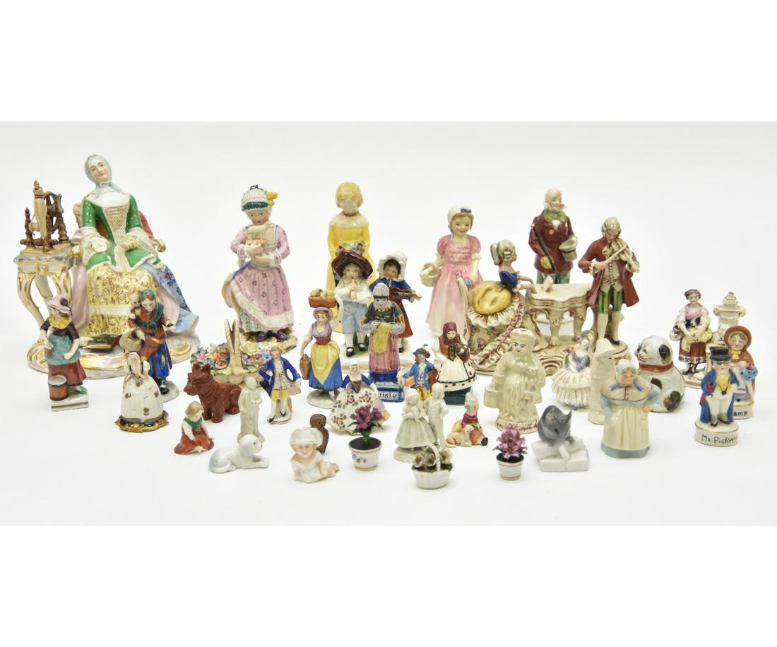 Porcelain Figures etc.: Approximately 37 pieces of porcelain figures, the largest 7"h (damaged), some Meissen, Royal Doulton etc.
