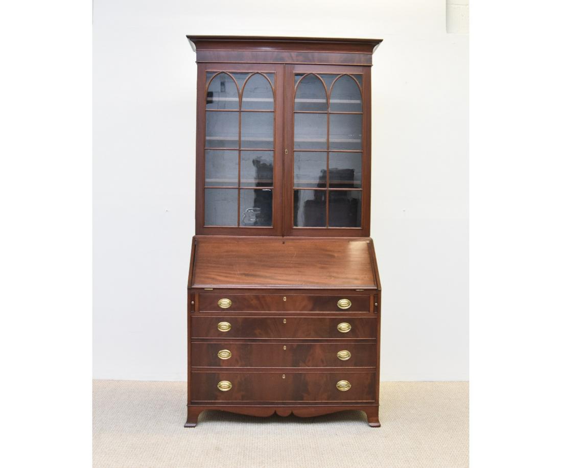 Hepplewhite Secretary Bookcase: Mahogany Hepplewhite two-piece secretary bookcase, circa 1800's 86"h x 41"w x 20.25"d