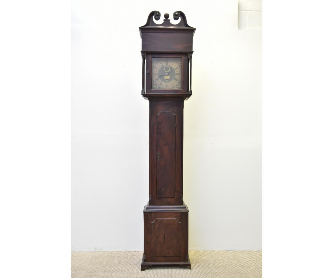 Peter Stretch Walnut Cased Tall Case Clock: Peter Stretch walnut cased tall case clock, circa 1740 with 8-day works and brass dial, inscribed 'Peter Stretch, Philadelphia' 94"h