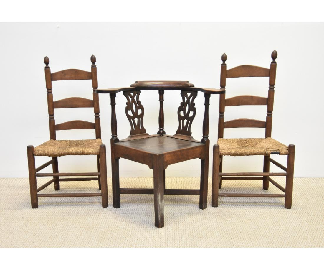 Georgian Oak Corner Chair etc.: Georgian oak corner chair, 18th c.; together with two rush seat maple side chairs 31.5"h x 24"w x 25"d / seat height = 17.25" 38.5"h x 19.5"w x 13.5"d / seat height =15"