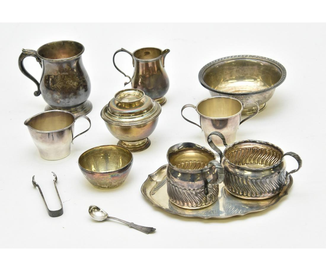 Sterling Silver Tableware etc.: Sterling silver tableware to include a small sugar/creamer and tray set; small mug 4"h etc.; together with a Georgian pair of sugar tongs 35 Troy oz.