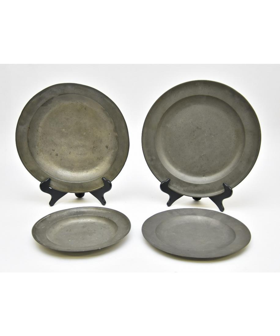Early Pewter Charger etc.: Early pewter charger marked "London" 15"dia; an unmarked basin 14.5"dia; and two plates, one marked "London" 12"dia; and the other dated 1790