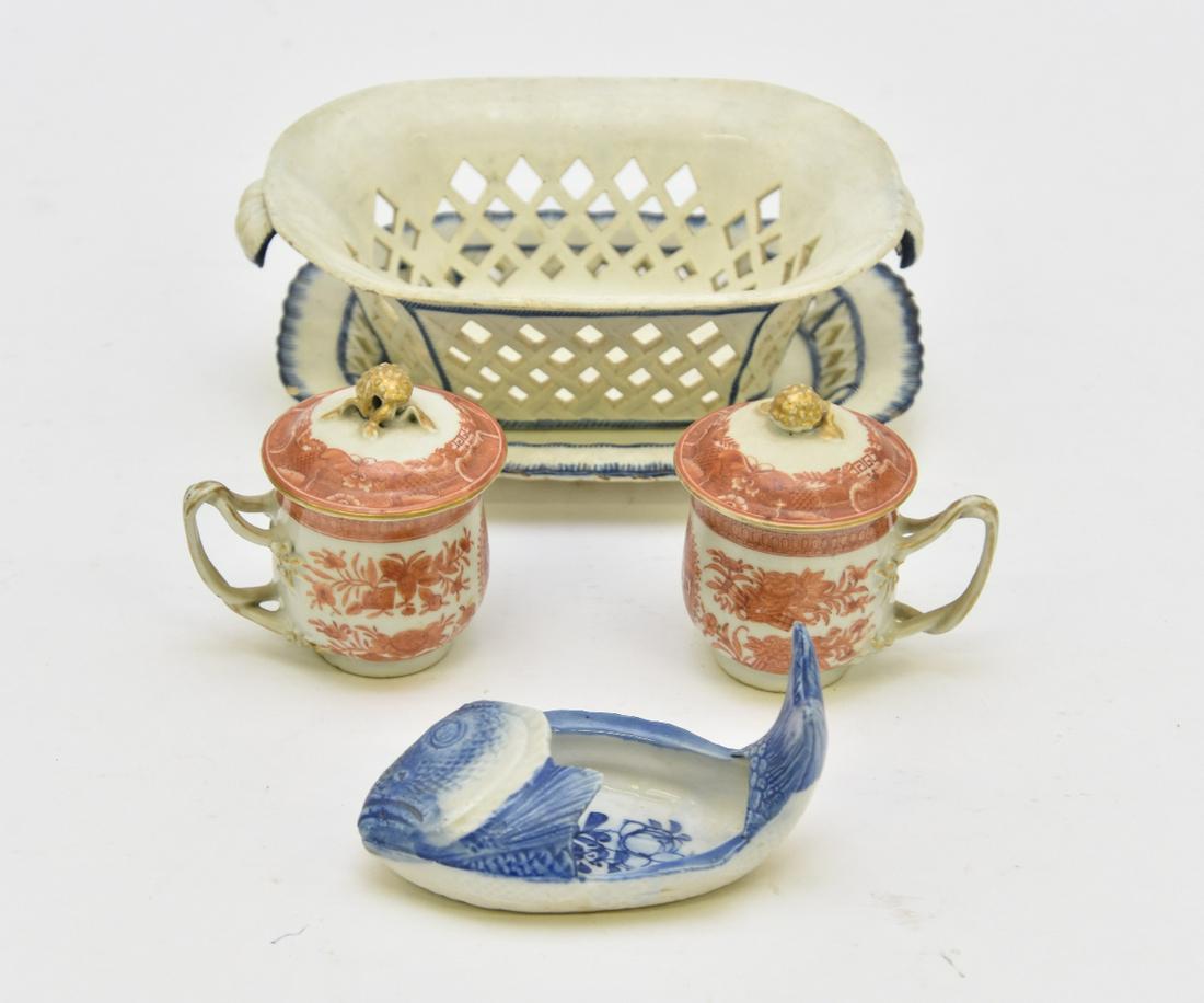 Creamware Basket etc.: Creamware basket and liner 3"h x 8"w; together with a pair of Chinese porcelain Fitzhugh mustard pots 3"h and a fish bone dish