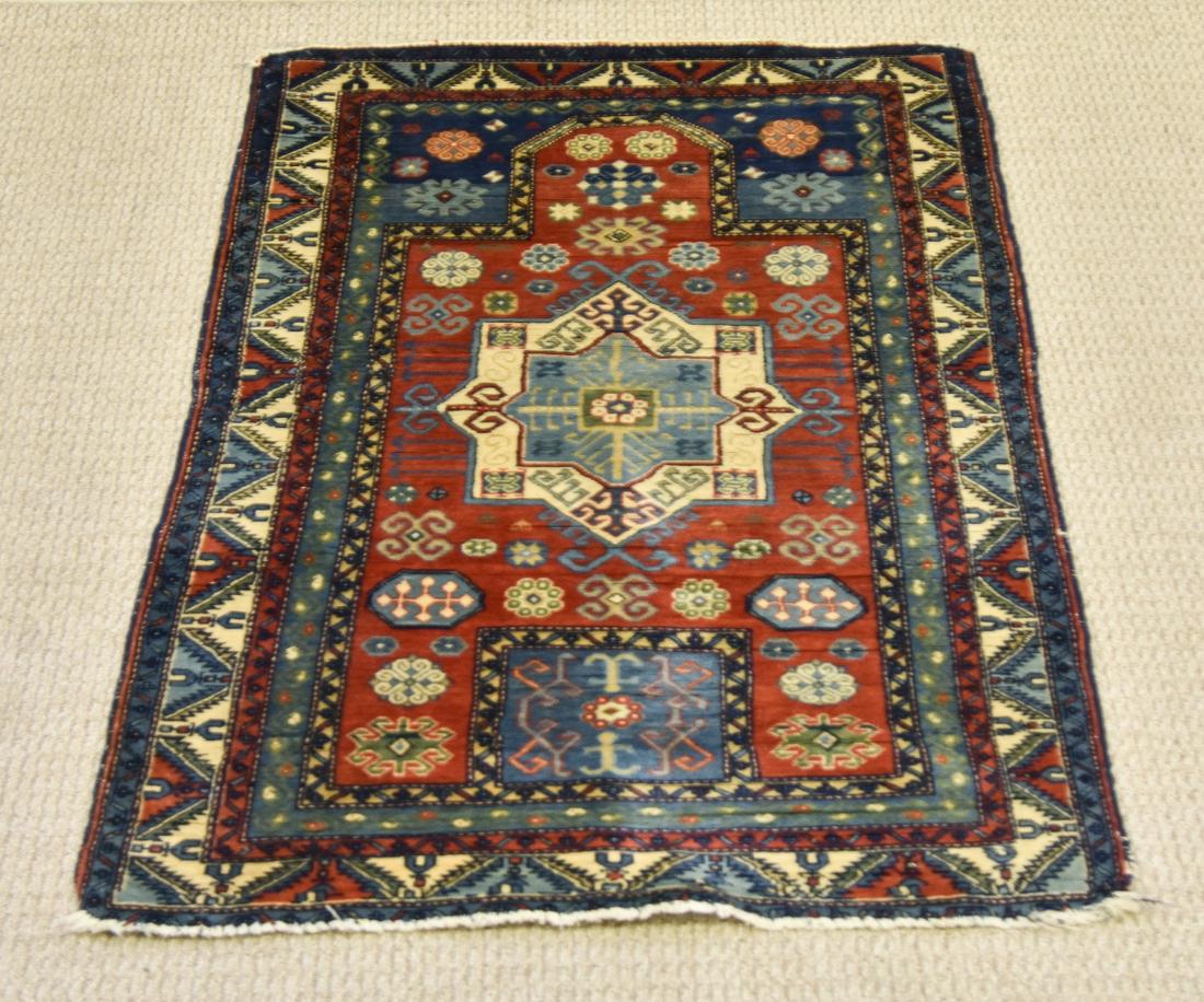 Caucasian Prayer Rug: Colorful antique Caucasian prayer rug 4'-10.5" x 3'
