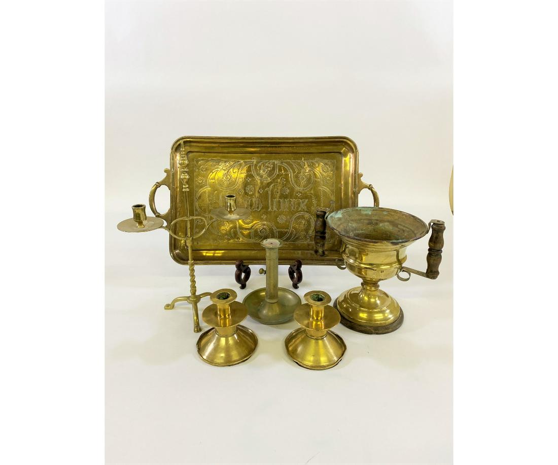 Brass Tray etc.: Brass tray 21" x 13"; together with a planter 9"l, a double arm lighting devise and three miscellaneous candlesticks