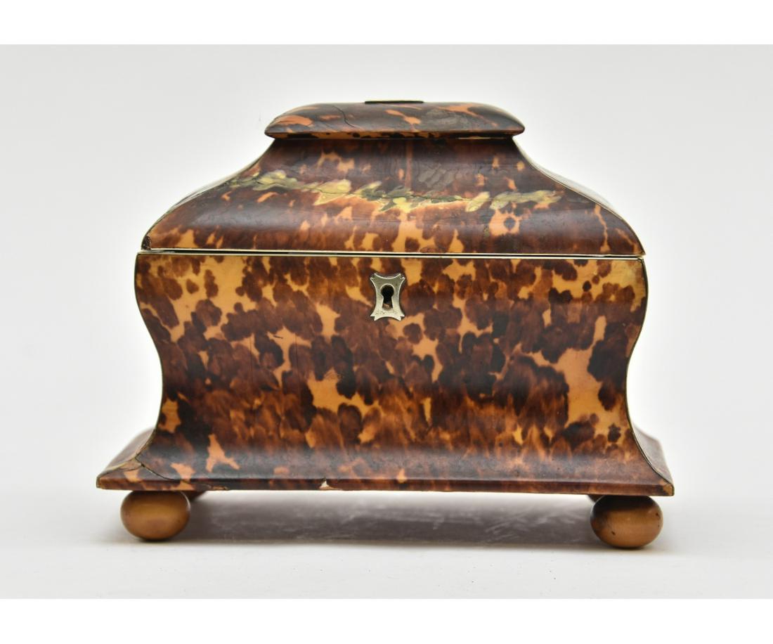 Fine Georgian Shell Tea Caddy: Fine Georgian shell tea caddy, 18th c. of sarcophagus form with silver metal escutcheon 6.5"h x 8"w x 4.75"d