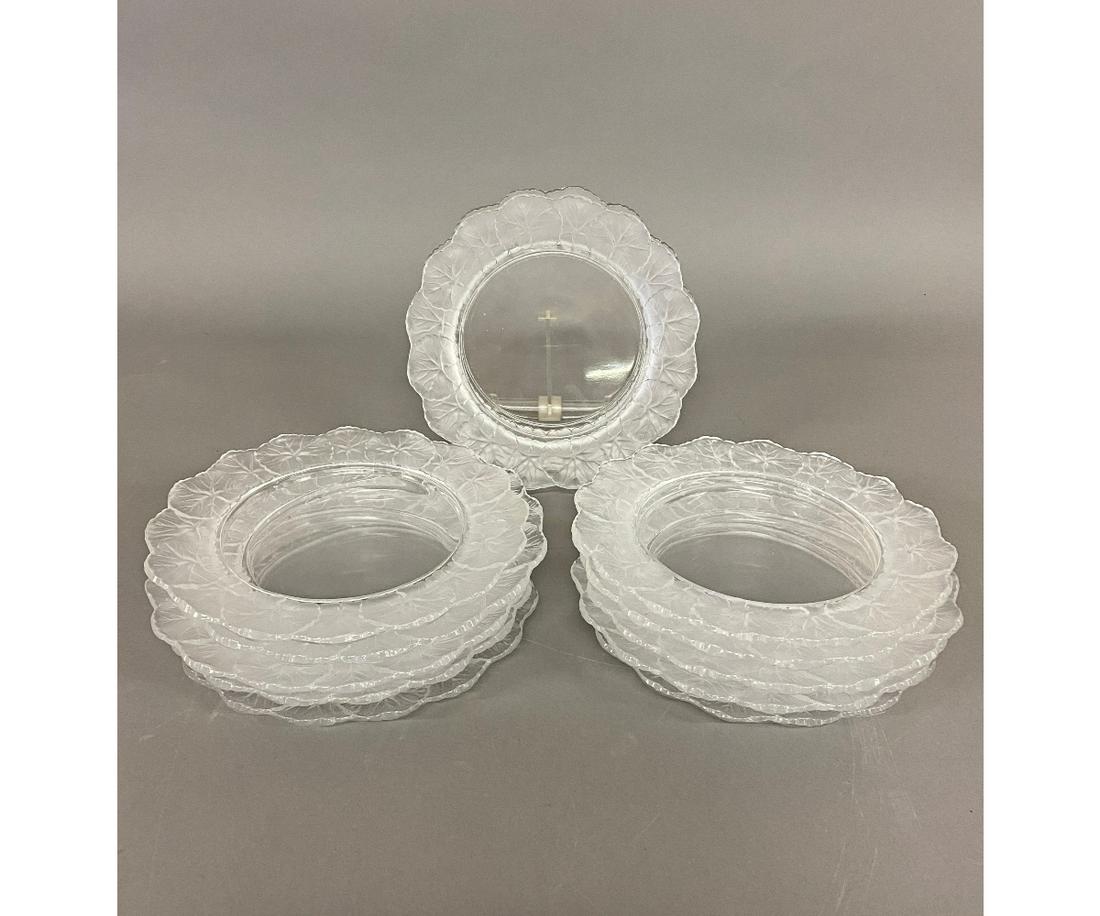 Set of Twelve Lalique Plates: Set of twelve Lalique plates with frosted leaves borders 8"dia