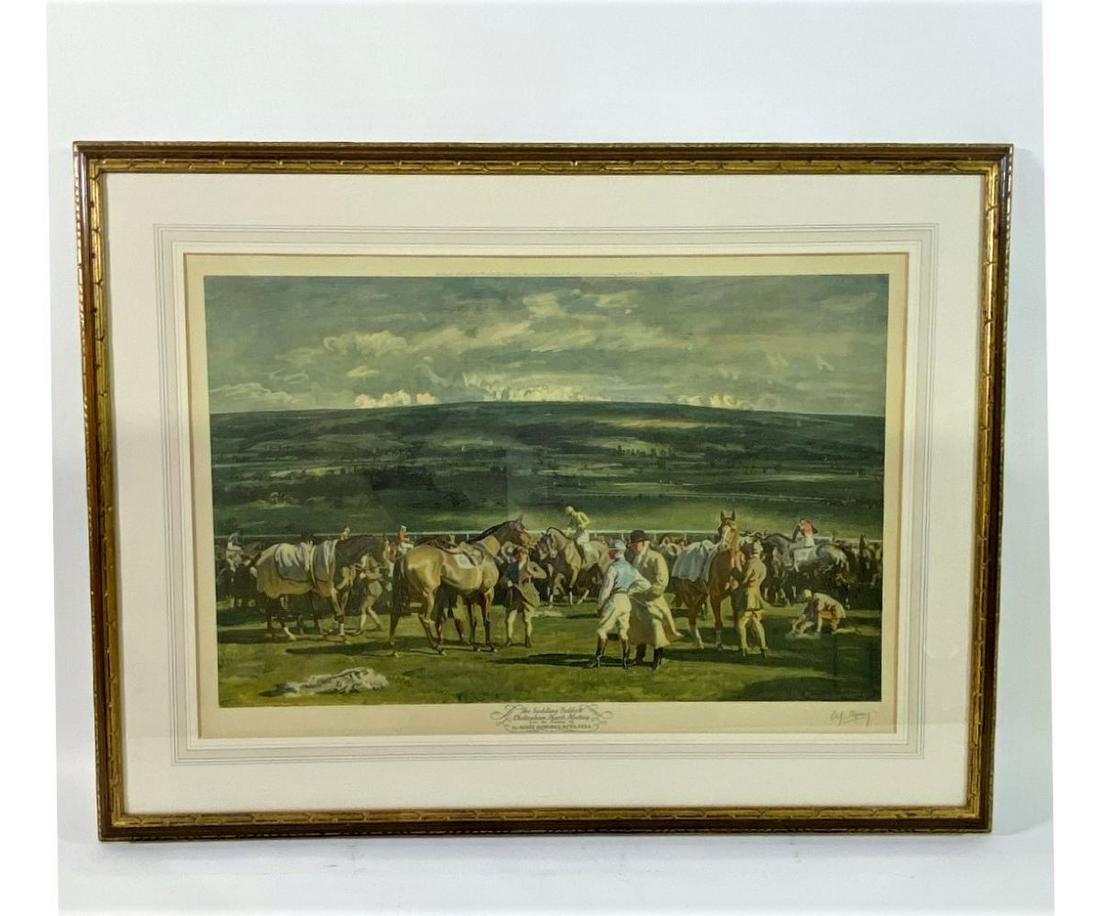 Sir Alfred Munnings Print: Sir Aflred Munnings print, framed and matted "The Saddling Paddock...", signed artist proov by Frost & Reed 23.5" x 32" sight size / 26" x 34" overall