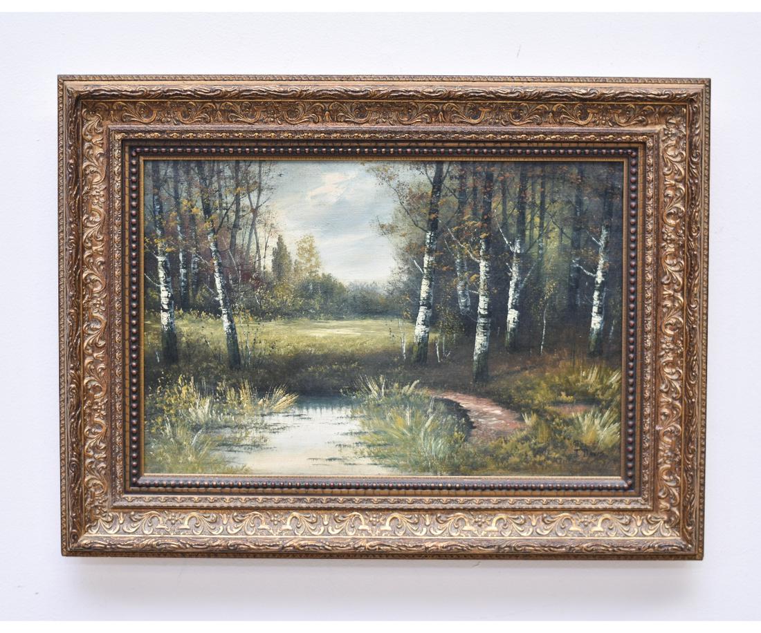 J. Davis Oil on Canvas: J. Davis oil on canvas dusk landscape with stream and birch trees 11.5" x 17.5" sight size / 17.5" x 23.75" overall