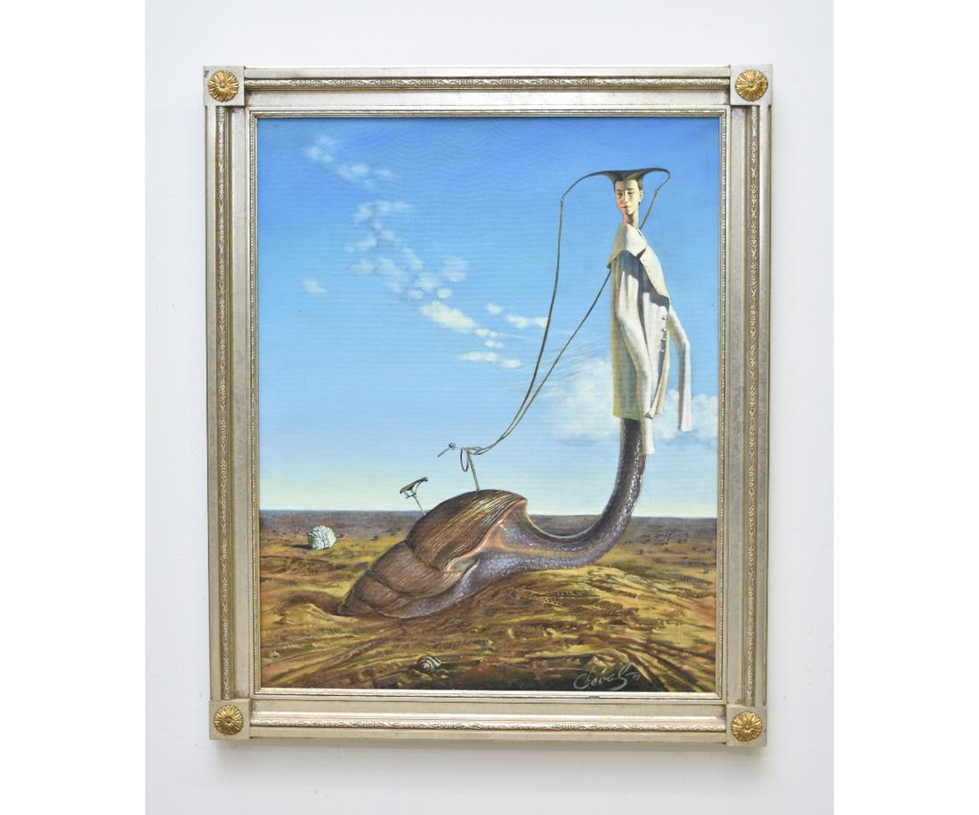 Michael Cheval Oil on Canvas: Michael Cheval, 20th c. contemporary artist, oil on canvas titled "Midnight Rickshaw" dated '98 29.25" x 23.5" sight size / 34.5" x 28.75" overall Cheval, known for his 'Absurdist' paintings,