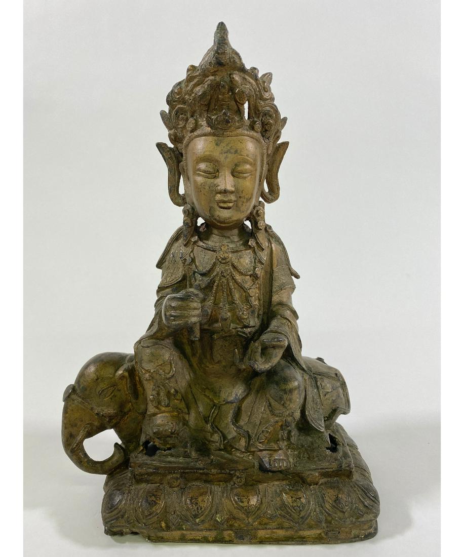 Chinese Bronze Buddha: Chinese bronze Buddha seated on an elephant, Ming Dynasty 12"h x 8"w x 4.5"d