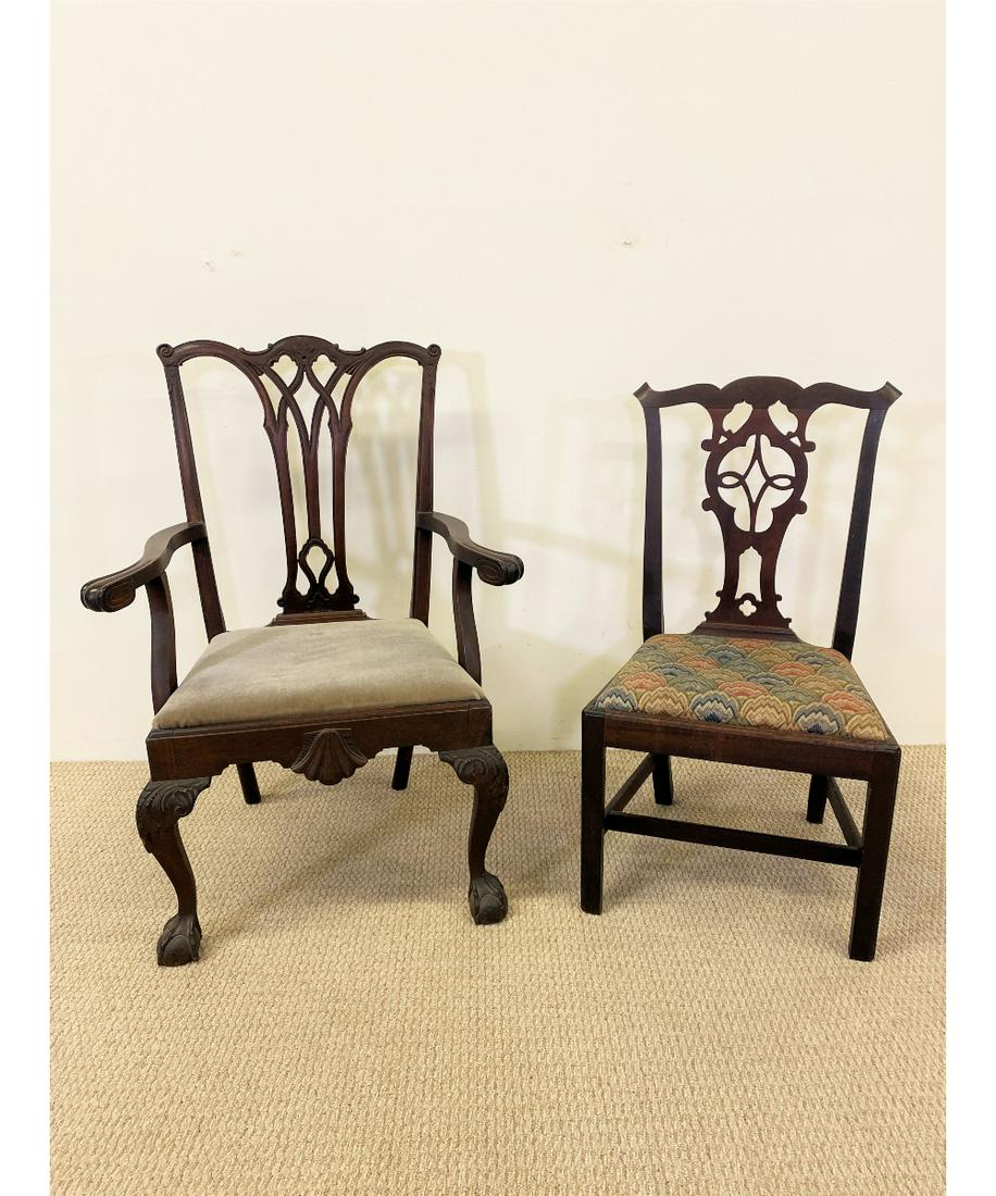 Philadelphia Chippendale Side Chair etc.: Philadelphia Chippendale mahogany side chair, 18th c. having a slip seat and straight legs; together with a Centennial mahogany armchair Side chair = 37.5"h x 20"w x 16.25"d / 16.5" seat height