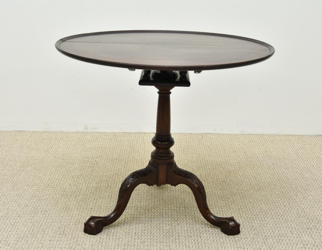 Chippendale Mahogany Tea Table: Chippendale mahogany tea table with dish top, birdcage support, ball and claw feet. Top is 18th c., bottom is a copy but very well made 30.5" h x 32.5"dia