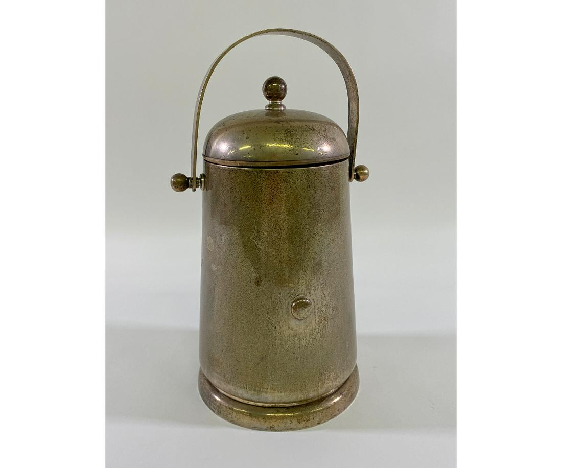 Large Sterling Silver Mid-Century Ice Bucket: Large sterling silver mid-century modern ice bucket with glass lined interior by The Old Newbury Crafters 14"h x 7"dia / weight = 15 lbs.