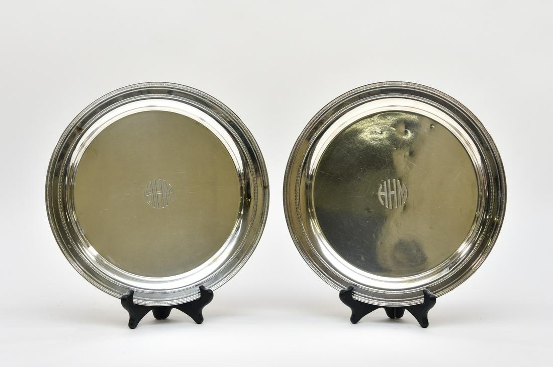 Pair of Sterling Silver Plates: Pair of sterling silver plates by Gorham, monogrammed 12" dia 23 troy oz.