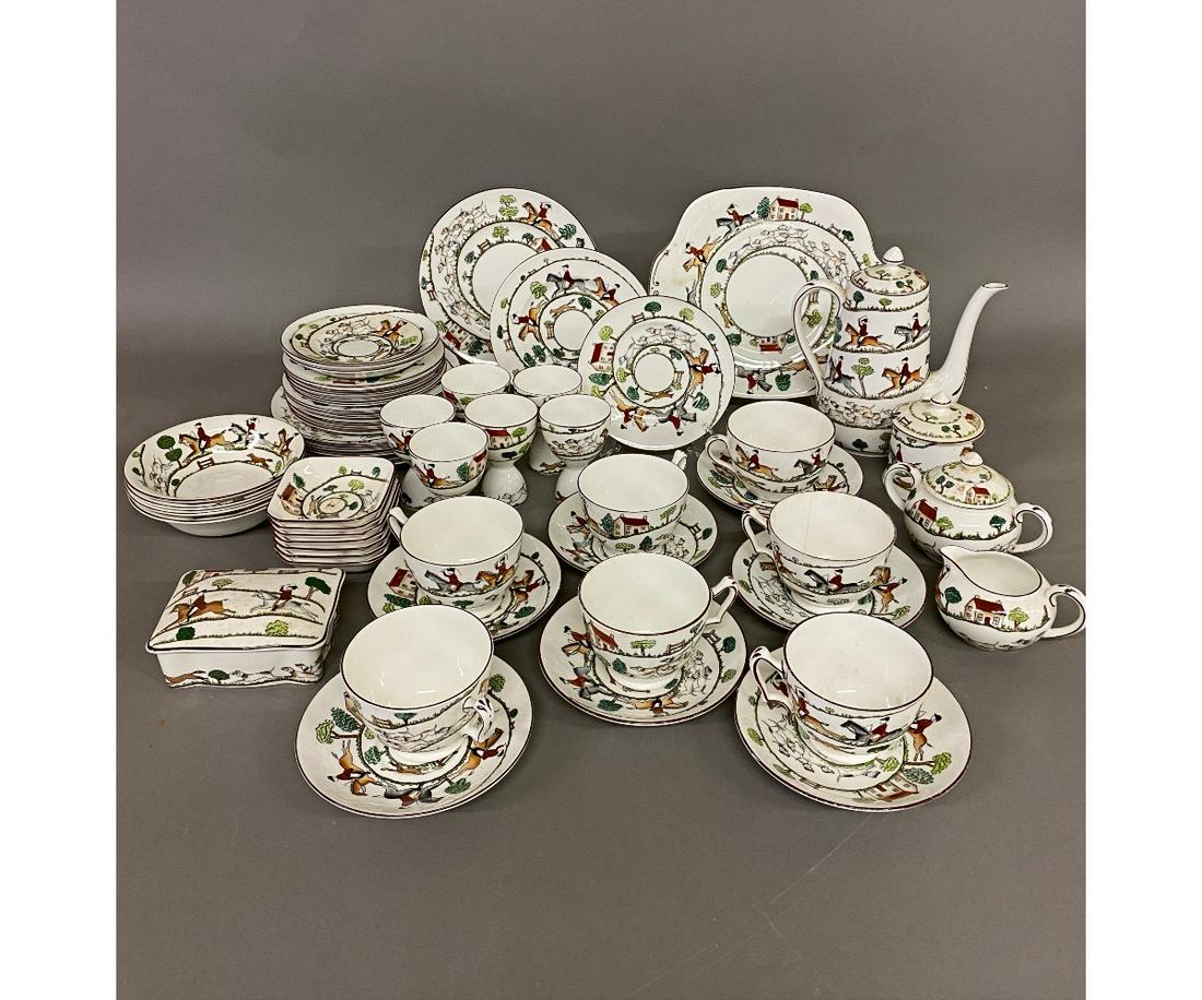 Staffordshire Hunting Scene China Service: Staffordshire Hunting Scene china service to include a coffee pot 9"h, cups, saucers and plates (largest 8.25"dia) 51 pieces total