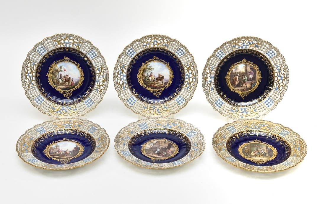 Six Meissen Reticulated Service Plates 19th c.: Six Meissen reticulated service plates, 19th c. each with central reserve with equine, tavern, figural scenes 10"dia