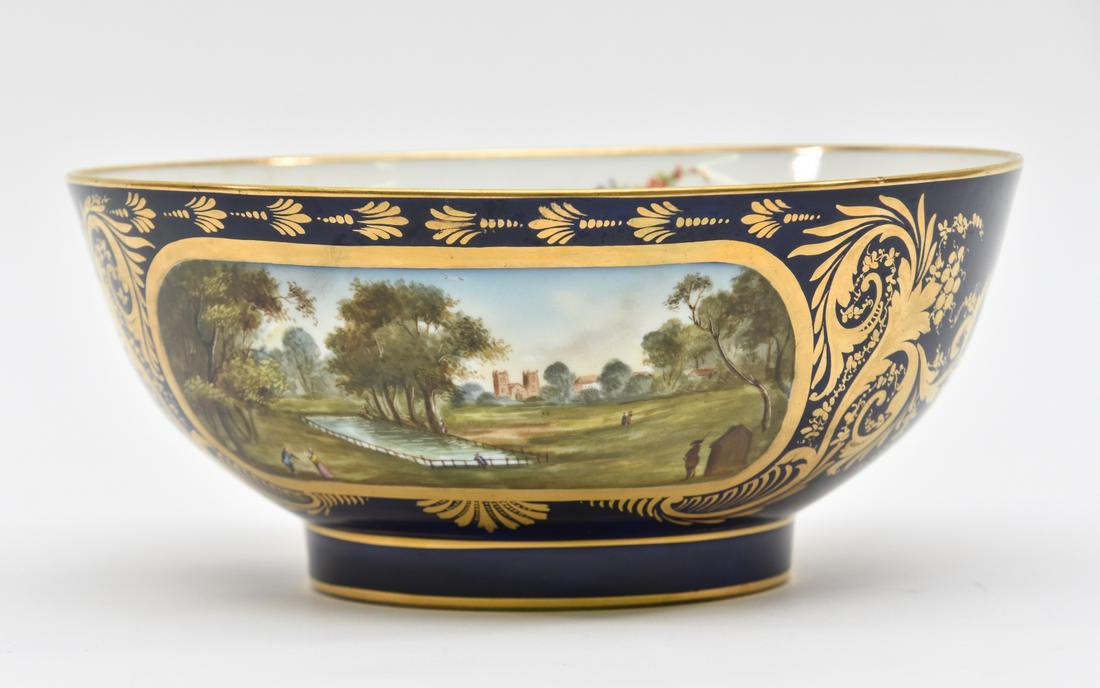 Derby Bowl 19th c.: Derby bowl, 19th c. with deep blue and gilt decoration and landscaped panels 5"h x 11"dia