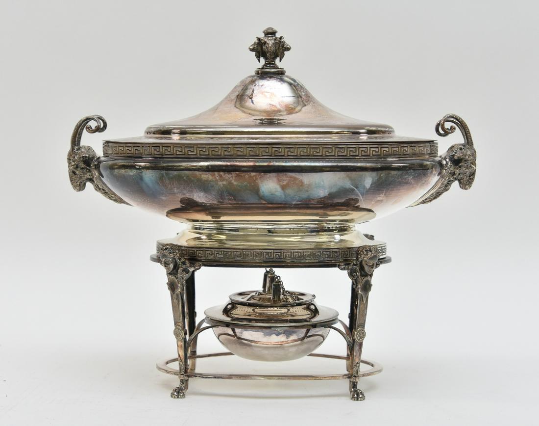 Rare Gorham Silverplate Tureen: Rare Gorham Mfg. Co. silver soldered tureen on burner stand with rams head handles Tureen: 10"h x 15.5"l x 9"w / 13.5"h overall